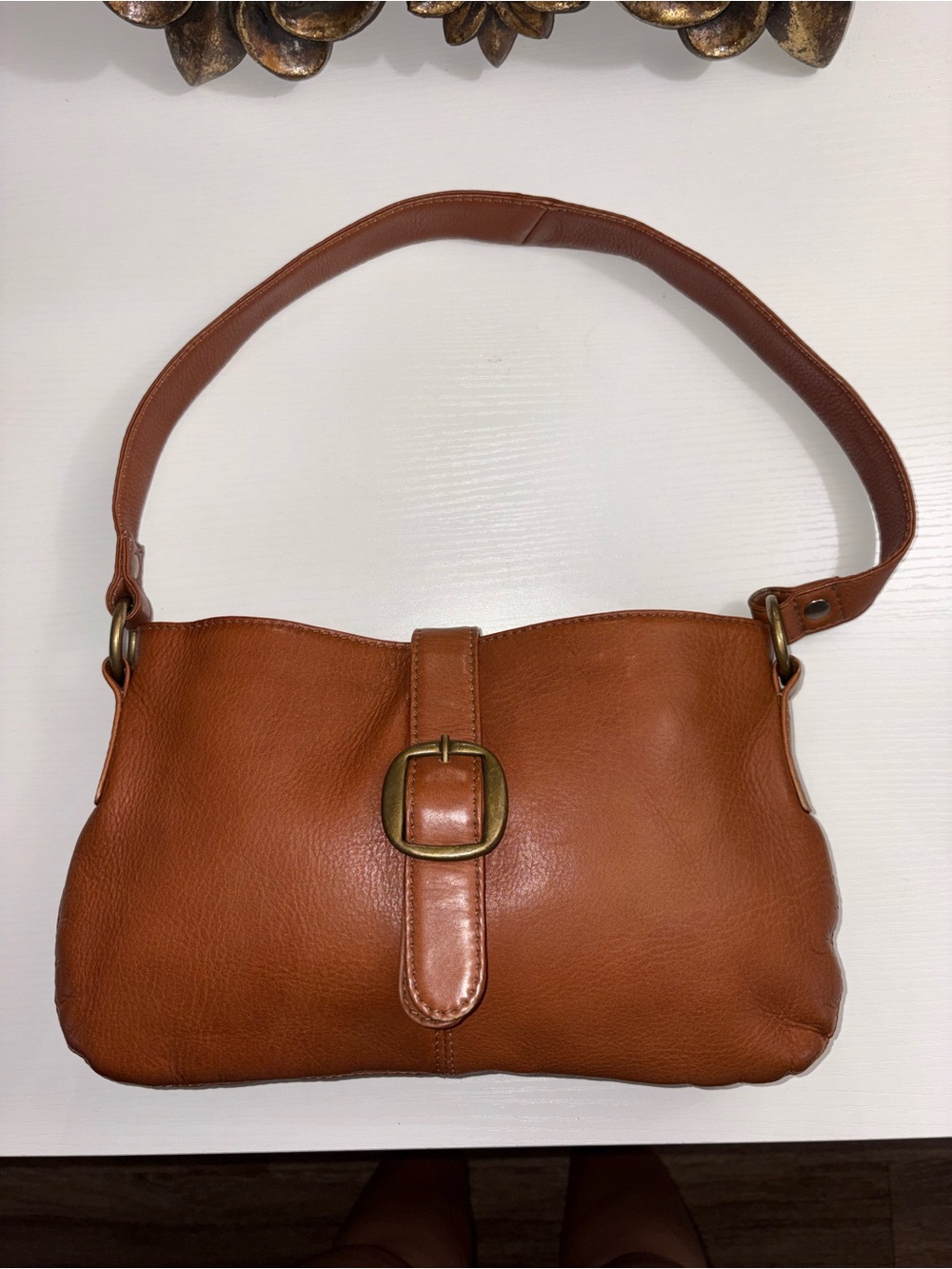 HOBO Cognac Leather Shoulder Bag with Buckle Strap
